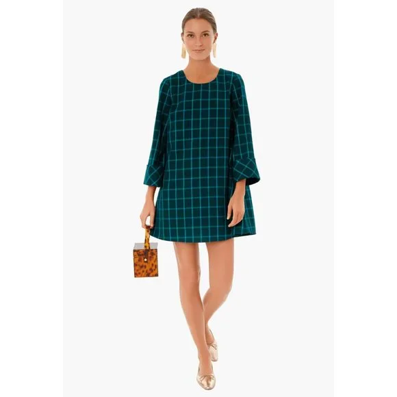 Tuckernuck Aegean Teal Chambers Swing Mini Dress Exaggerated Cuff Mod 60s sz S - Picture 1 of 9